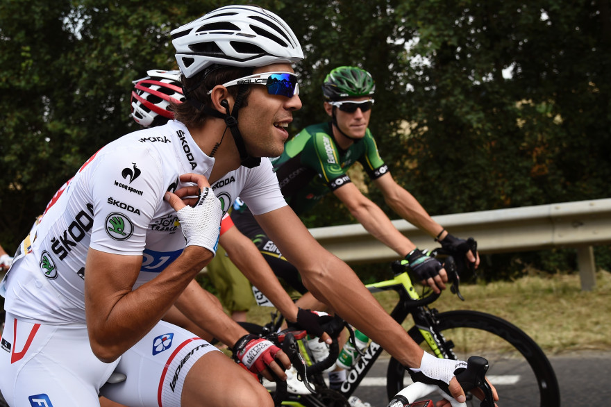 Thibaut Pinot avec le maillot blanc du meilleur jeune du Tour de France 2014