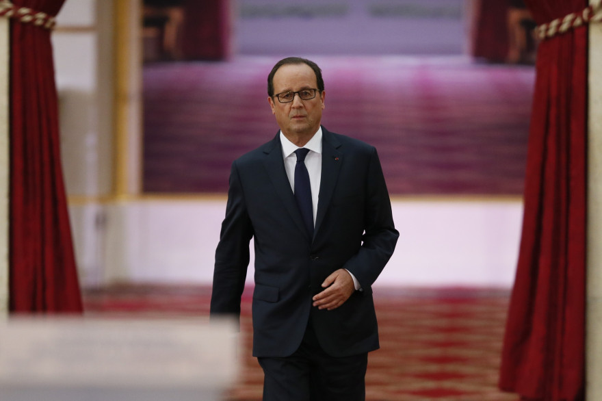 François Hollande arrive à la conférence de presse le 18 septembre 2014