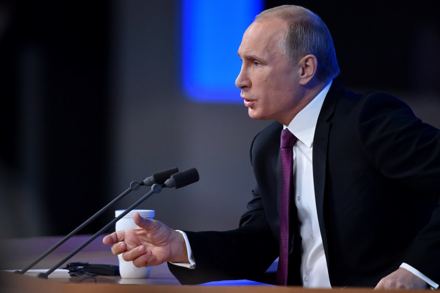 Vladimir Poutine lors de sa conférence de presse annuelle, le 18 décembre 2014 à Moscou.