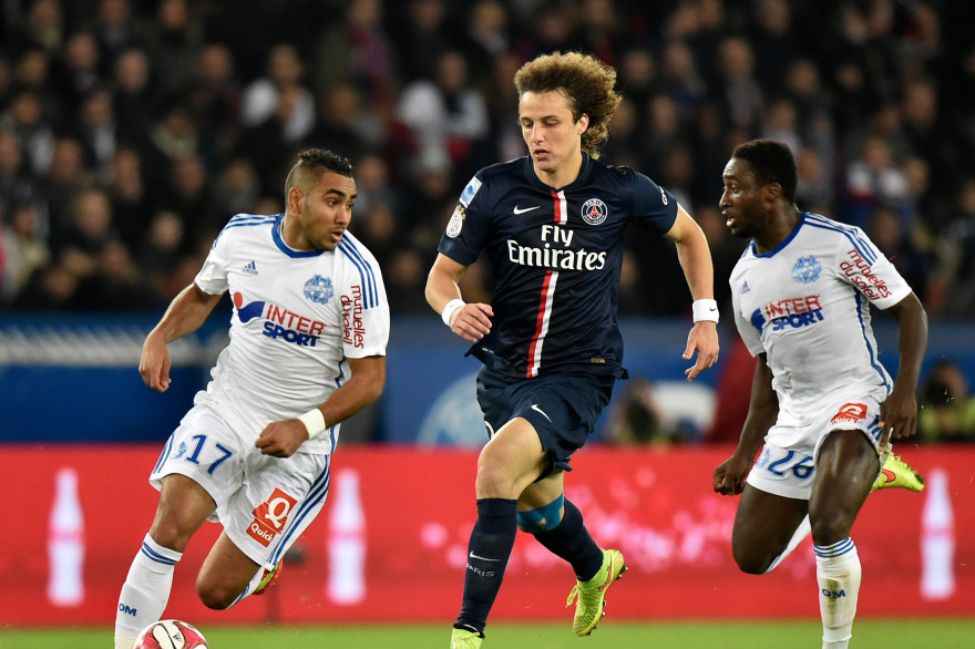 Le Parisien David Luiz et les Marseillais Dimitri Payet et Brice Dja Djédjé au match aller au Parc des Princes le 9 novembre 2014 (2-0 pour le PSG)
