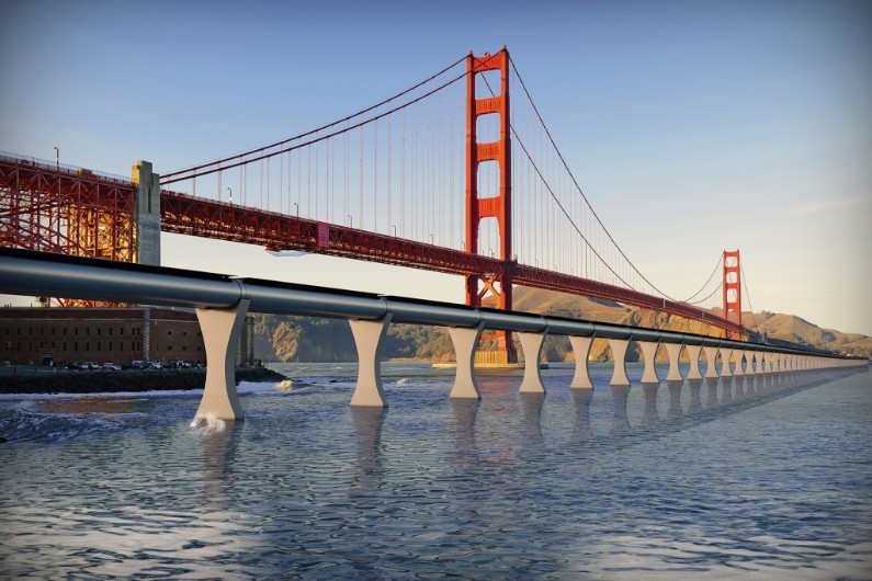 Vue d'artiste figurant le tube de l'Hyperloop passant à côté du pont de San Fransisco, aux États-Unis.