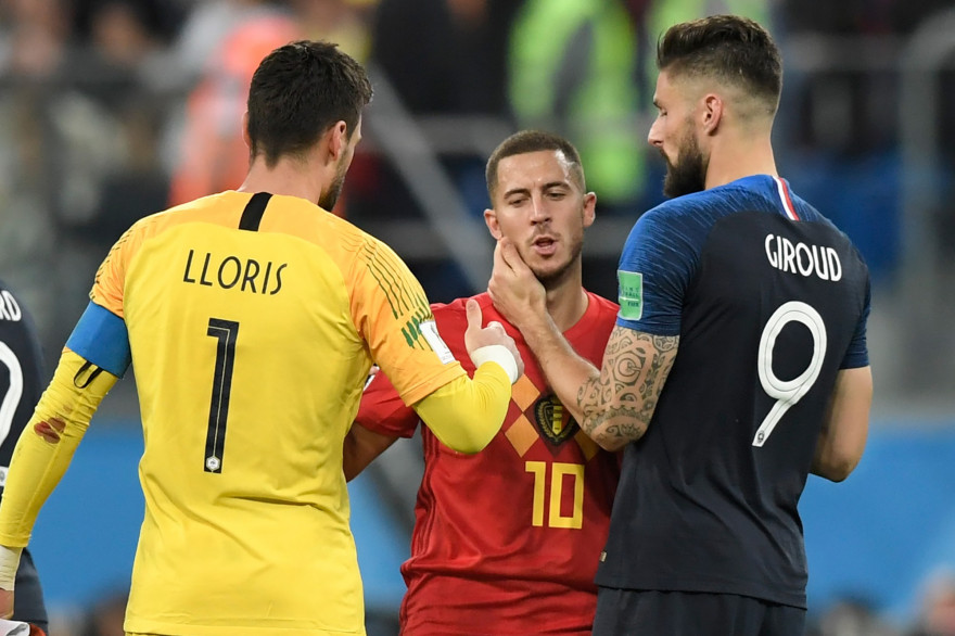 Hugo Lloris et Olivier Giroud avec Eden Hazard le 10 juillet 2018 à Saint-Pétersbourg