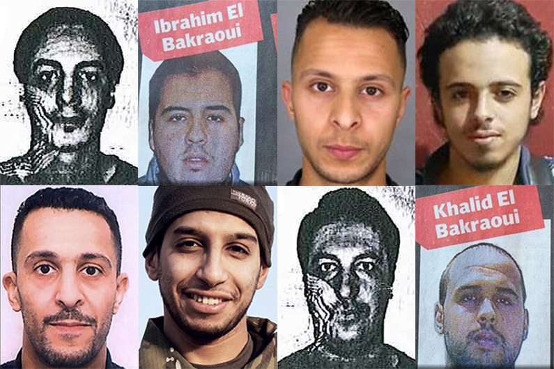 De gauche à droite : Najim Laachraoui, Ibrahim El Bakraoui, Salah Abdeslam, Bilal Hadfi, Brahim Abdeslam, Abdelhamid Abaaoiud, Mohamed Belkaïd, Khalid El Bakraoui