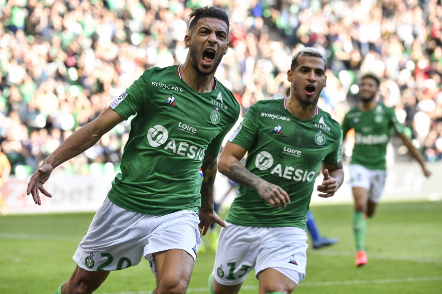 Denis Bouanga et Miguel Trauco avec les Verts à Saint-Étienne le 23 février 2020