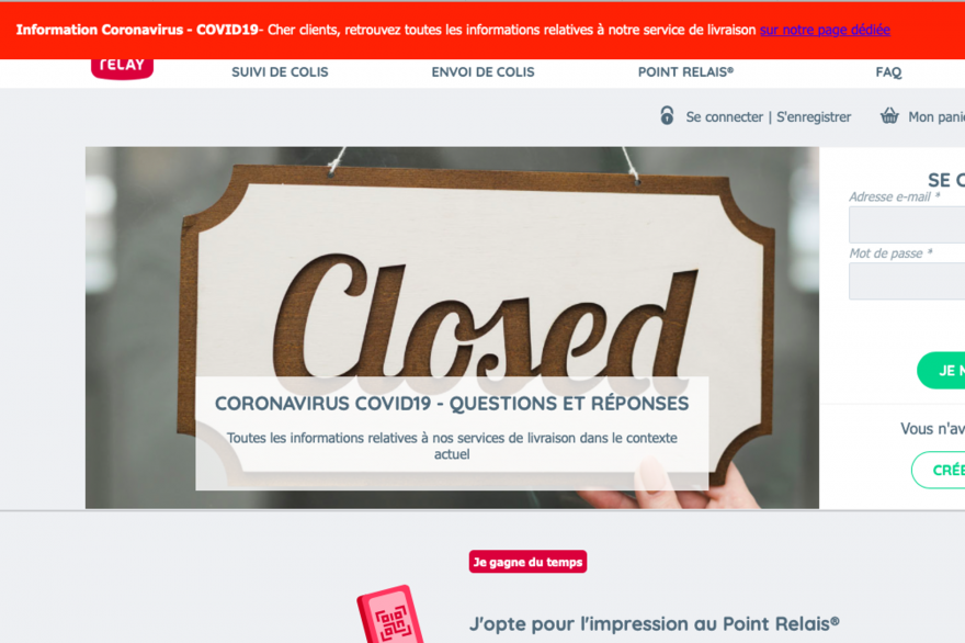 Page d'accueil de Mondial Relay, qui suspend toutes les livraisons de colis