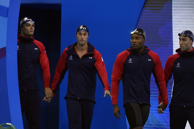 Florent Manaudou, Fabien Gilot, Mehdy Metella et Jérémy Stravius, médaillés d'argent au 4x100 m nage libre de Rio 2016