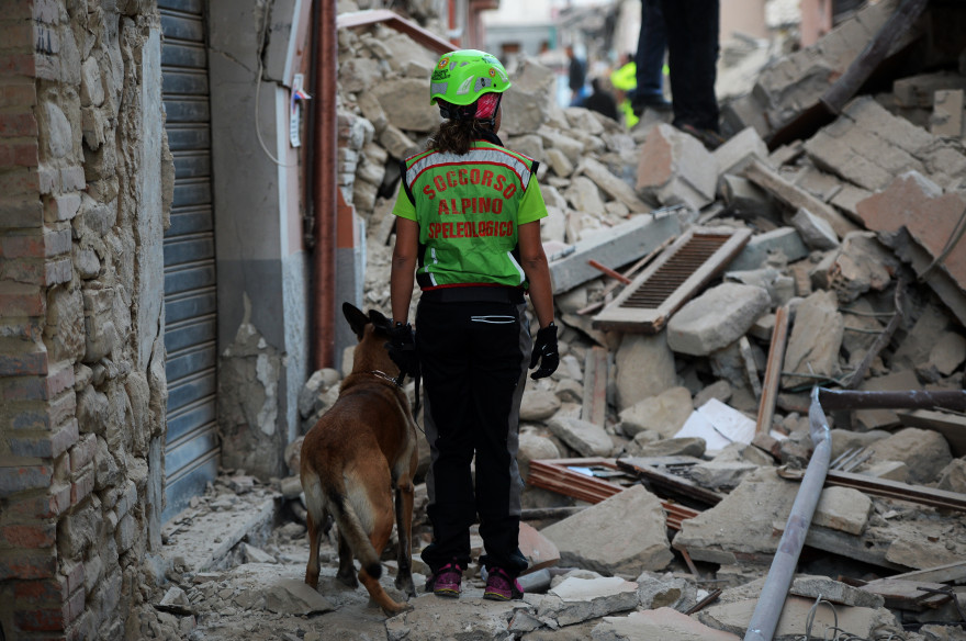 Des sauveteurs à la recherche des victimes du séisme qui a touché le centre de l'Italie à Amatrice, le 24 août 2016.