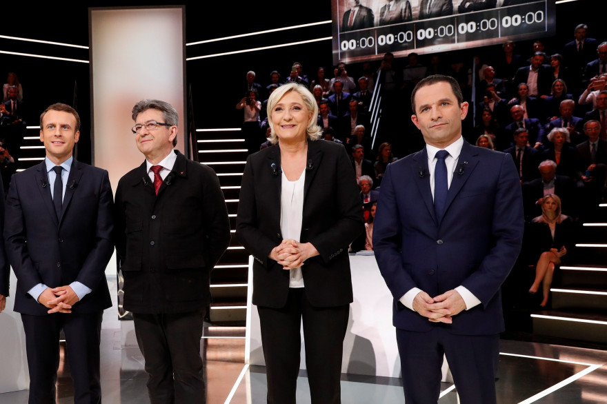 Macron, Mélenchon, Le Pen et Hamon lors du débat du 20 mars 2017