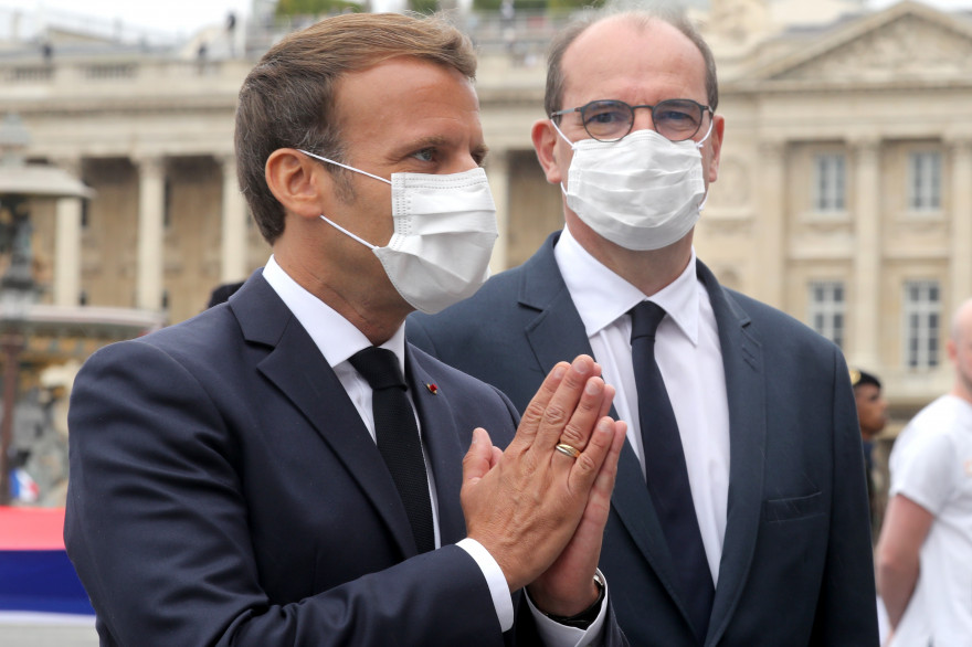 Emmanuel Macron et Jean Castex portent un masque le 14 juillet 2020 à Paris