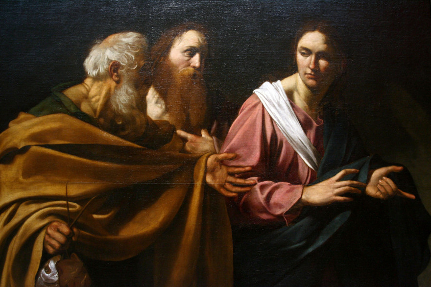 Détail de "L'Appel des saints Pierre et André" du Caravage lors d'une exposition à Londres en 2007