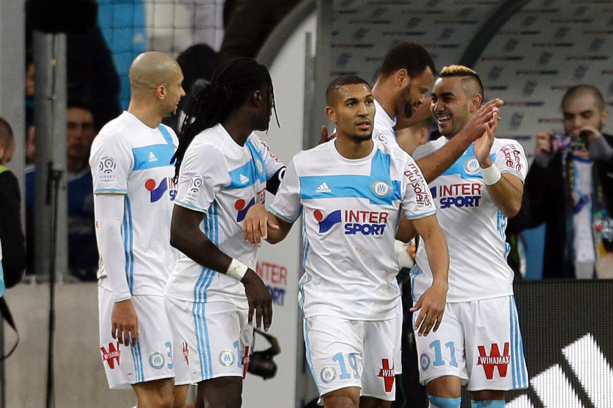 Doria, Gomis, Vainqueur, Rolando et Payet mercredi 8 février 2017 lors de la victoire de l'OM contre Guingamp