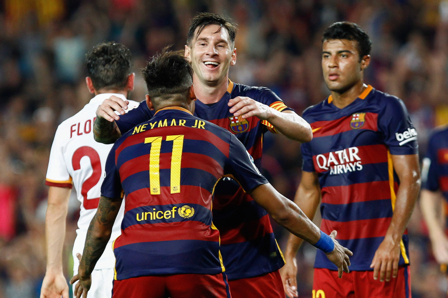 Messi, Neymar et Rafinha seront titulaires face au PSG, comme ici contre la Roma.