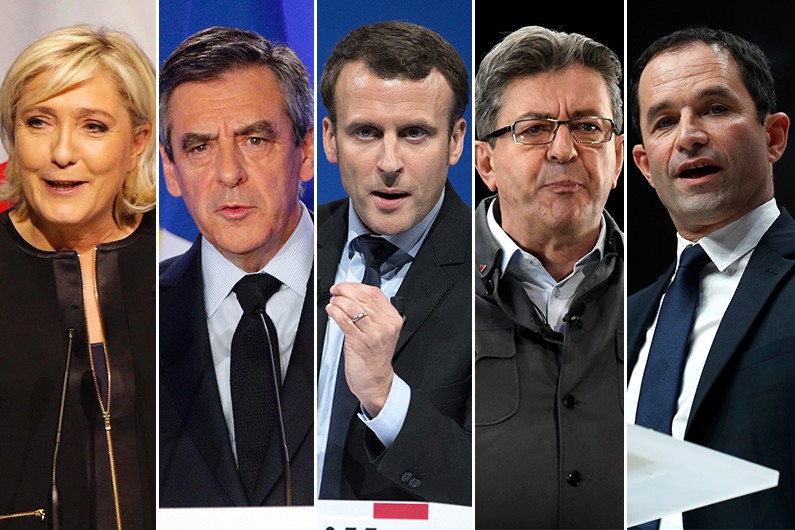 Marine Le Pen, François Fillon, Emmanuel Macron, Jean-Luc Mélenchon et Benoît Hamon