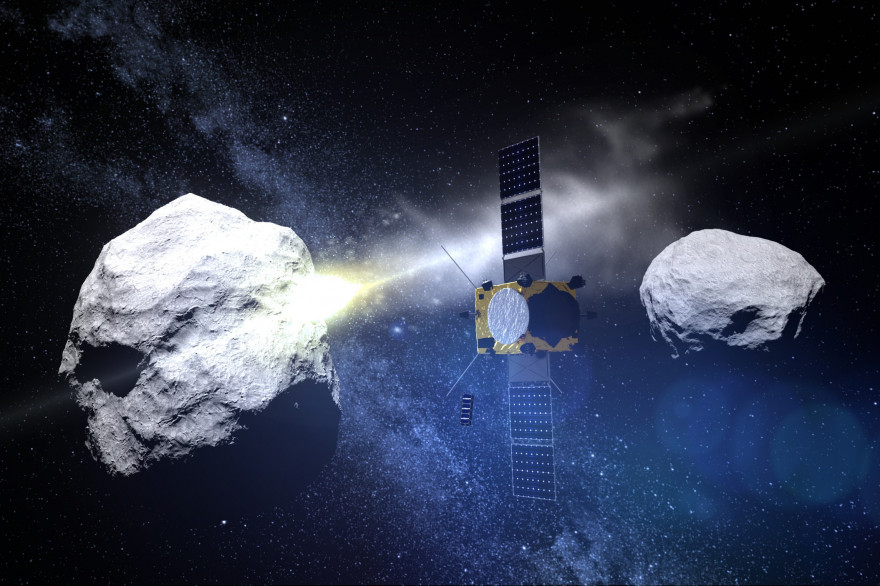 Visuel fourni par l'Agence spatiale européenne d'un test d'impact sur l'astéroïde Didymos observé par la sonde AIM