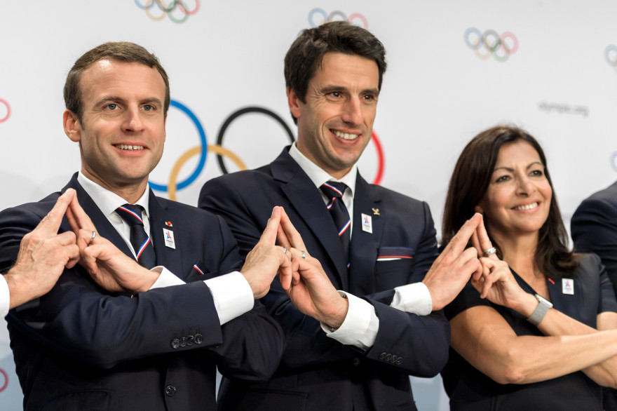 Emmanuel Macron, Tony Estanguet et Anne Hidalgo le 11 juillet 2017 à Lausanne