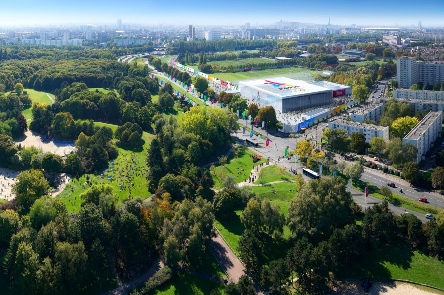 Vue aérienne du futur complexe dédié au Water-polo à Marville, quartier de Saint-Denis