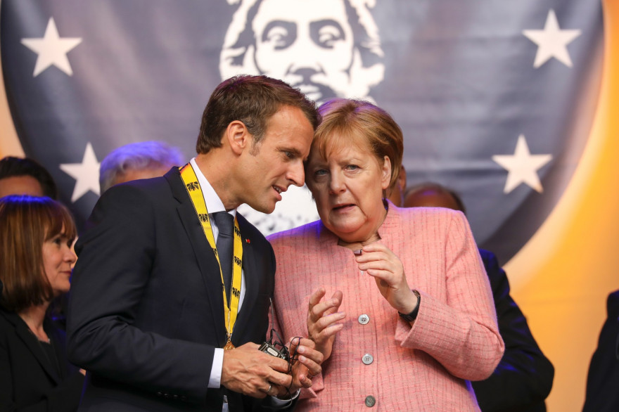 Emmanuel Macron et Angela Merkel à Aix la Chapelle, le 10 mai 2018