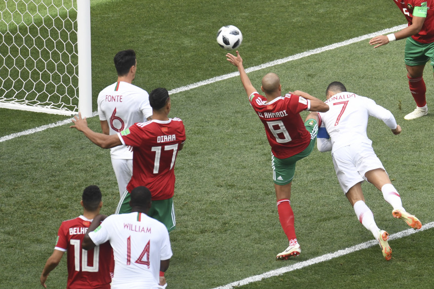 Cristiano Ronaldo (numéro 7) a marqué d'une tête plongeante, mercredi 20 juin à Moscou