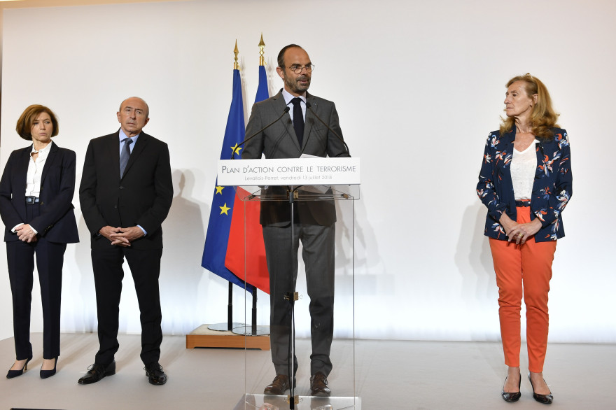 Florence Parly, Gérard Collomb, Édouard Philippe et Nicole Belloubet lors de l'annonce du plan terrorisme, présenté le 13 juillet 2018