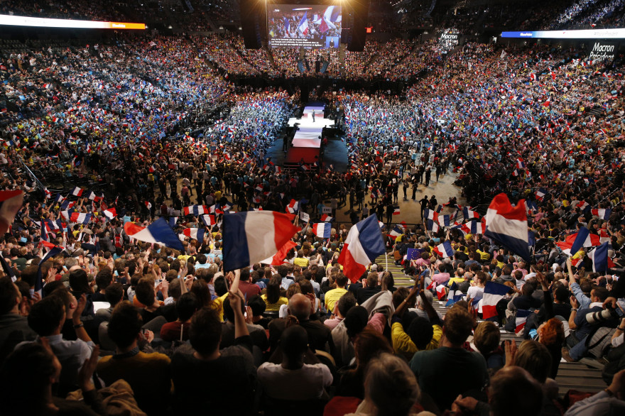 Emmanuel Macron lors de son meeting à la Bercy Arena en avril 2017 lors de la campagne présidentielle