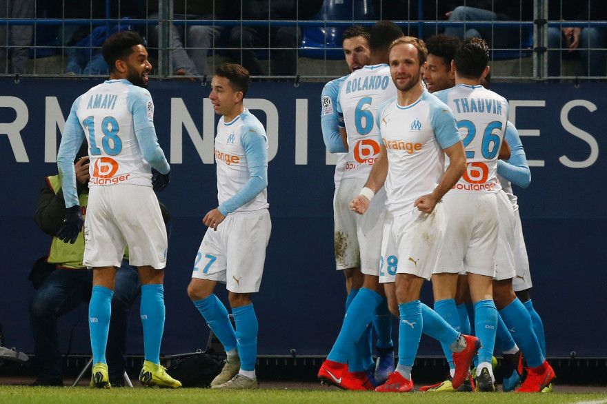 Les joueurs de l'OM fêtent le but de Morgan Sanson le 20 janvier 2019