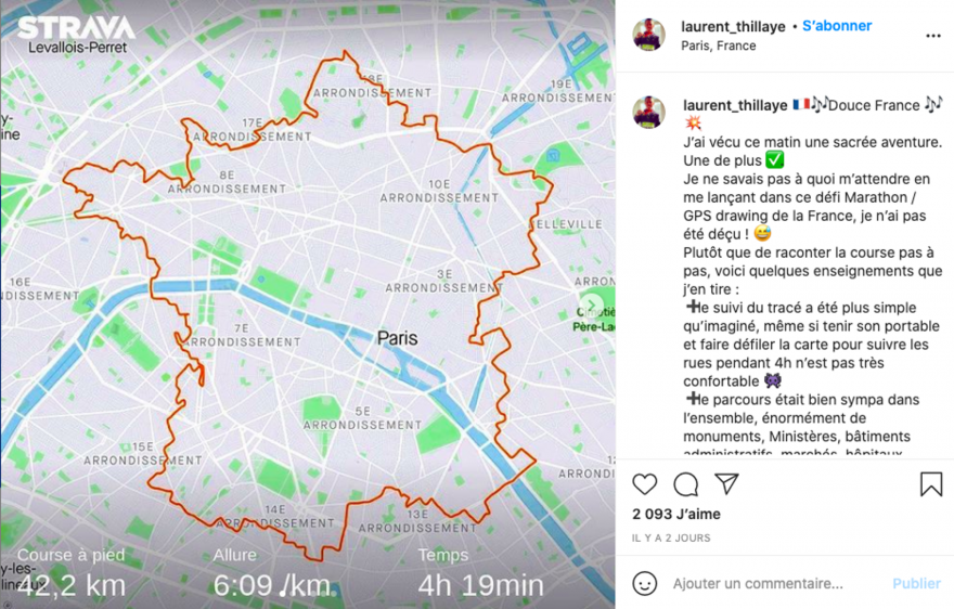 Pour son anniversaire, le marathonien Laurent Thillaye du Boullay a tracé la carte de France.
