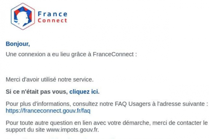 Exemple de mail envoyé par les escrocs se faisant passer pour FranceConnect